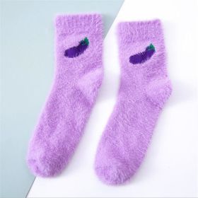 5 Pairs Kawaii Women Fruit Fluffy Socks Thermal Fuzzy Socks Female Ladies Fashion Warm Avocado Cherry Eggplant Floor Sleep Sock (Color: Lavender)