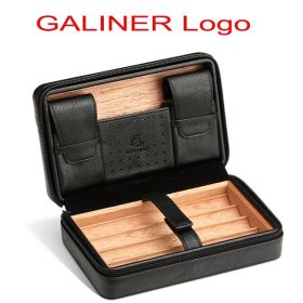 GALINER Cigar Humidor Case Charuto Cedar Wood Leather Travel Humidor Humidifier Set Gift Box (Without Lighter Cutter) (Color: GALINER BLACK)